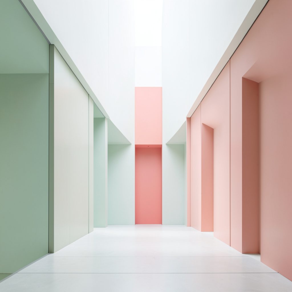 A clean architectural photograph with strong symmetry, featuring soft sage green and blush pink tones in an airy, light-filled composition