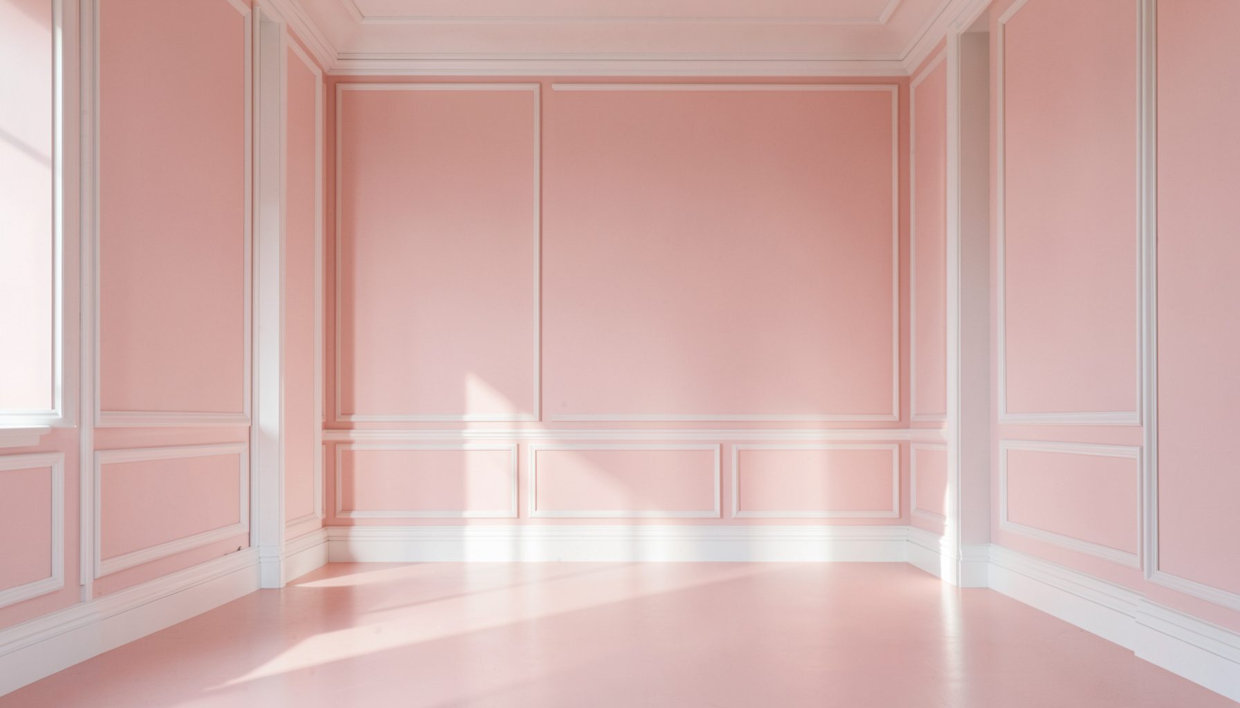 An airy interior scene with blush pink walls, white trim, and gentle morning light casting soft shadows